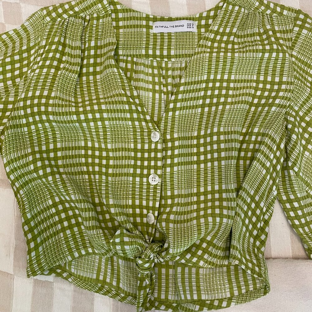 Faithfull The Brand ~ Green Plaid Tie Front Polka Dot Crop Top